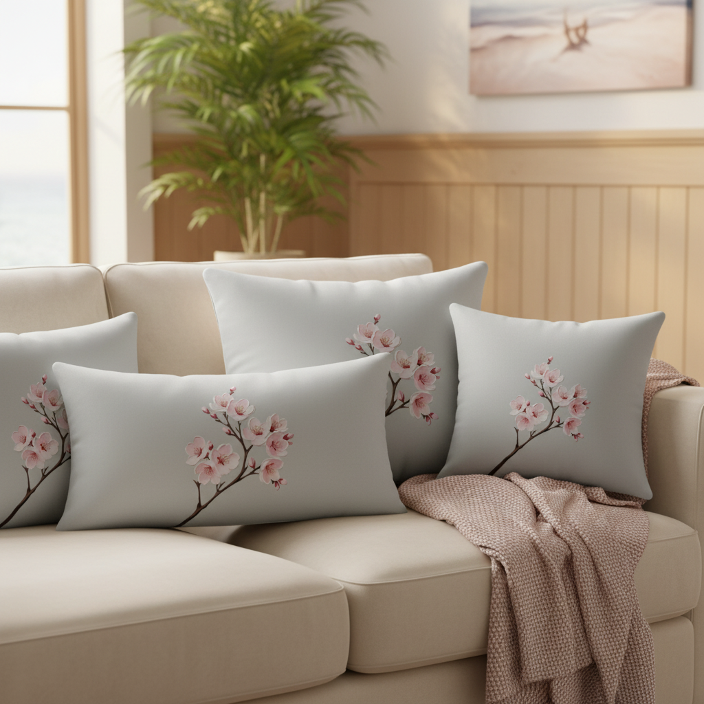 Close-up of cherry blossom pillows showing design
