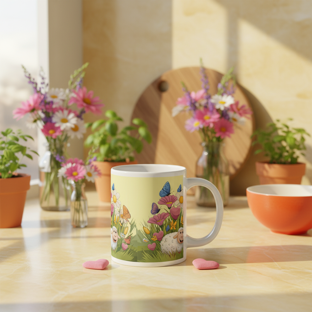 Close-up of cute sheep spring mug on yellow marble counter with wild pink, purple, white and blue flowers, green herbs and spring decor