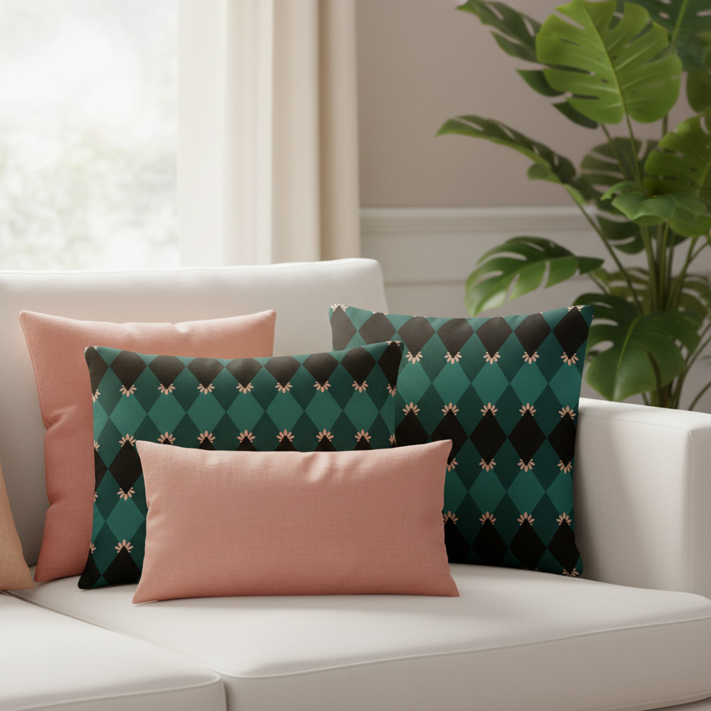 Close-up of emerald mosaic decorative pillows with emerald green diamond pattern and coral pink accents on white sofa, layered with coral pink and peach pillows, green tropical plant nearby, warm natural light, geometric mosaic pattern prominently featured