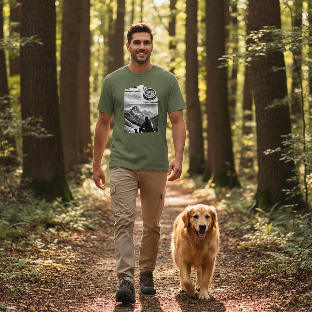 Close-up of friendly man in military green mountain t-shirt with design visible, walking with dog in forest