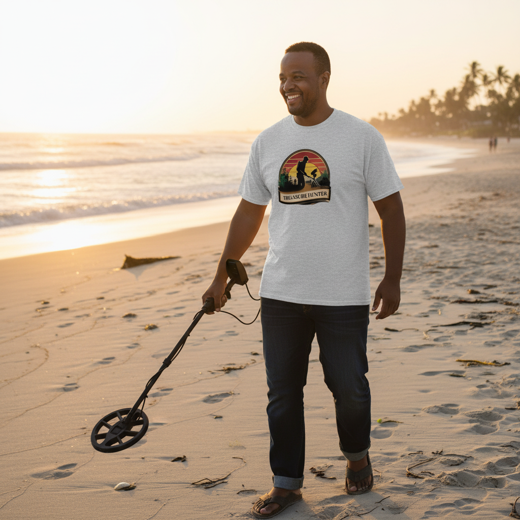 Ash grey Treasure Hunter classic tee with retro sunset and metal detector silhouette - comfortable adventure lifestyle apparel for treasure hunting enthusiasts