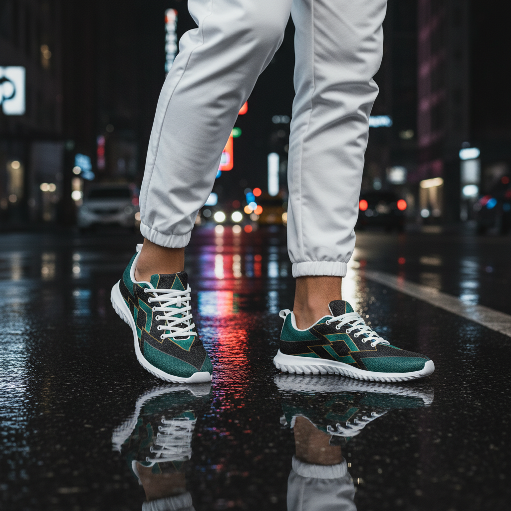 Close-Up Teal Geometric Sneakers White Sole on Reflective Floor