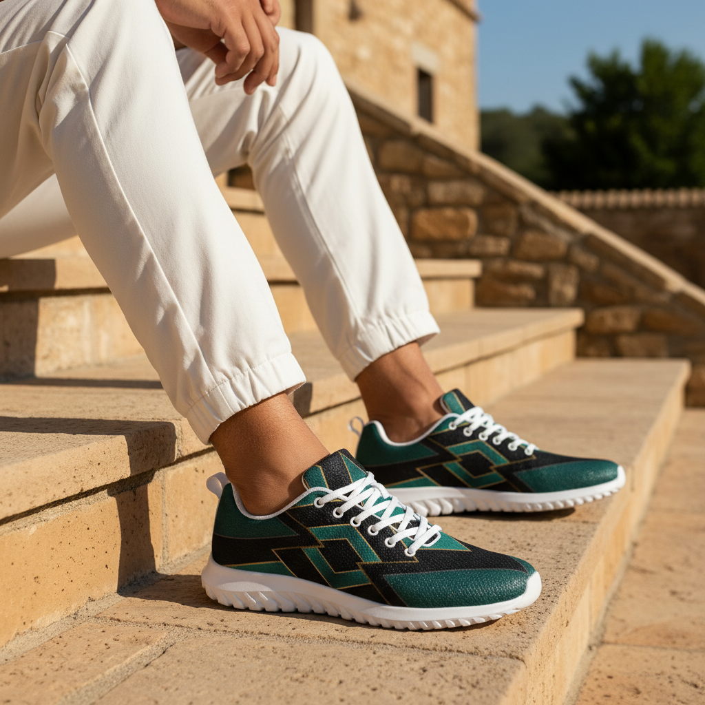 Close-Up Teal Geometric Sneakers White Sole on Sunny Stone Steps