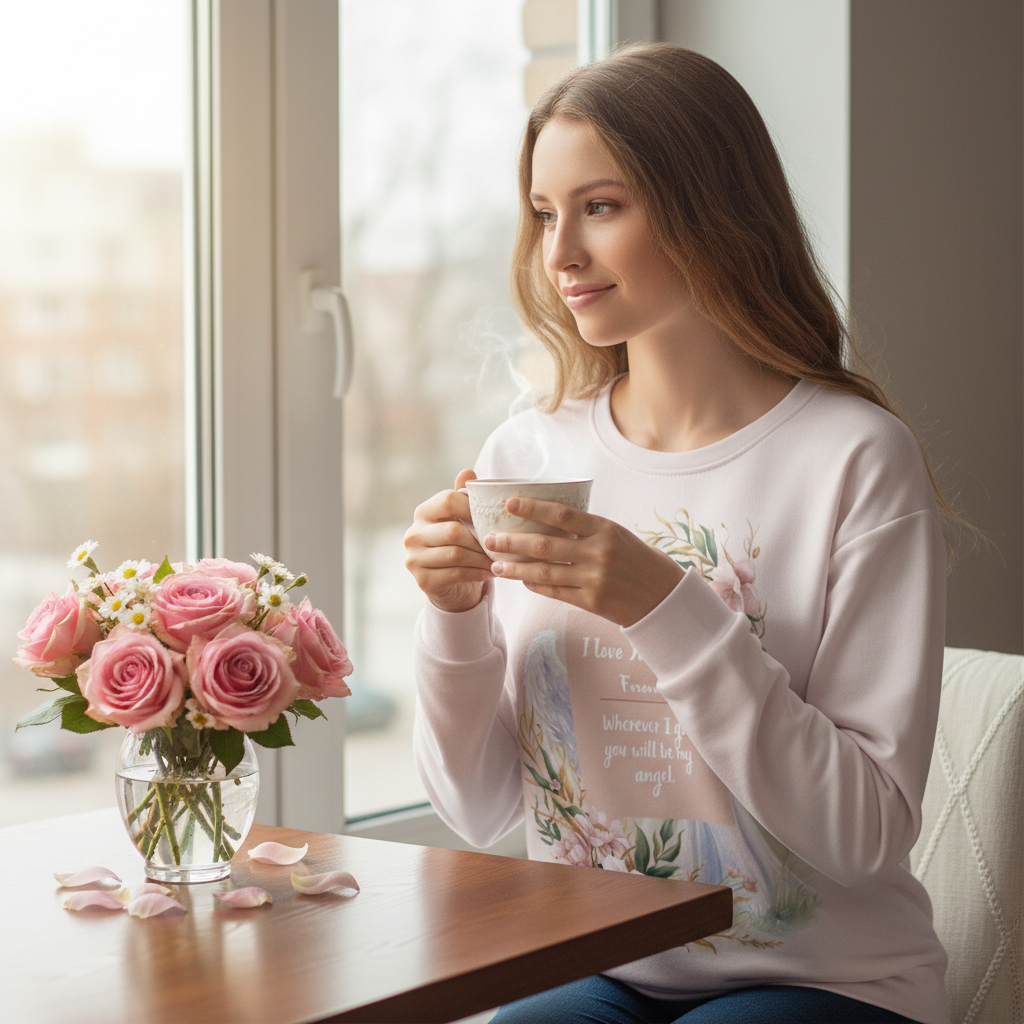 Close-up woman by window wearing angel Mom sweatshirt