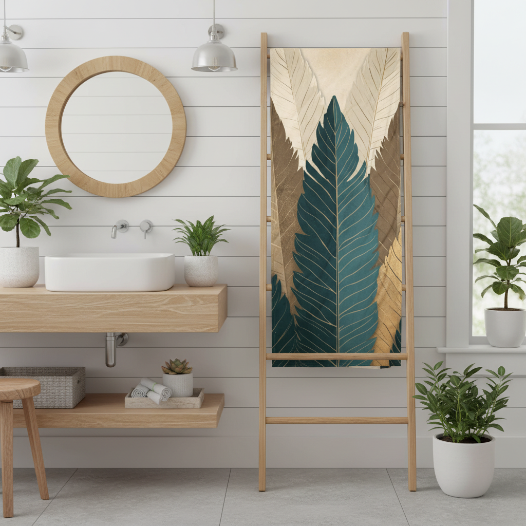 Coastal bathroom with botanical towel on ladder-style rack