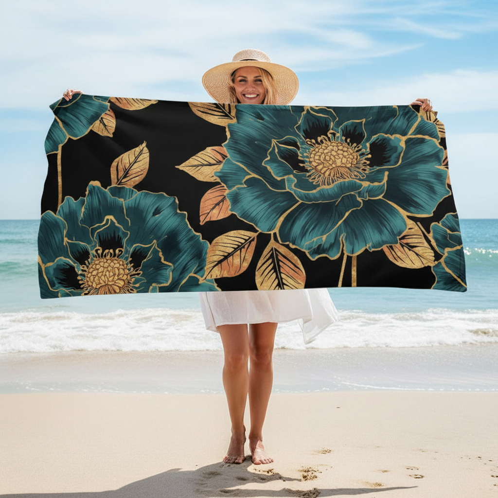 Coastal beach lifestyle with woman holding teal and gold floral beach towel on sunny beach