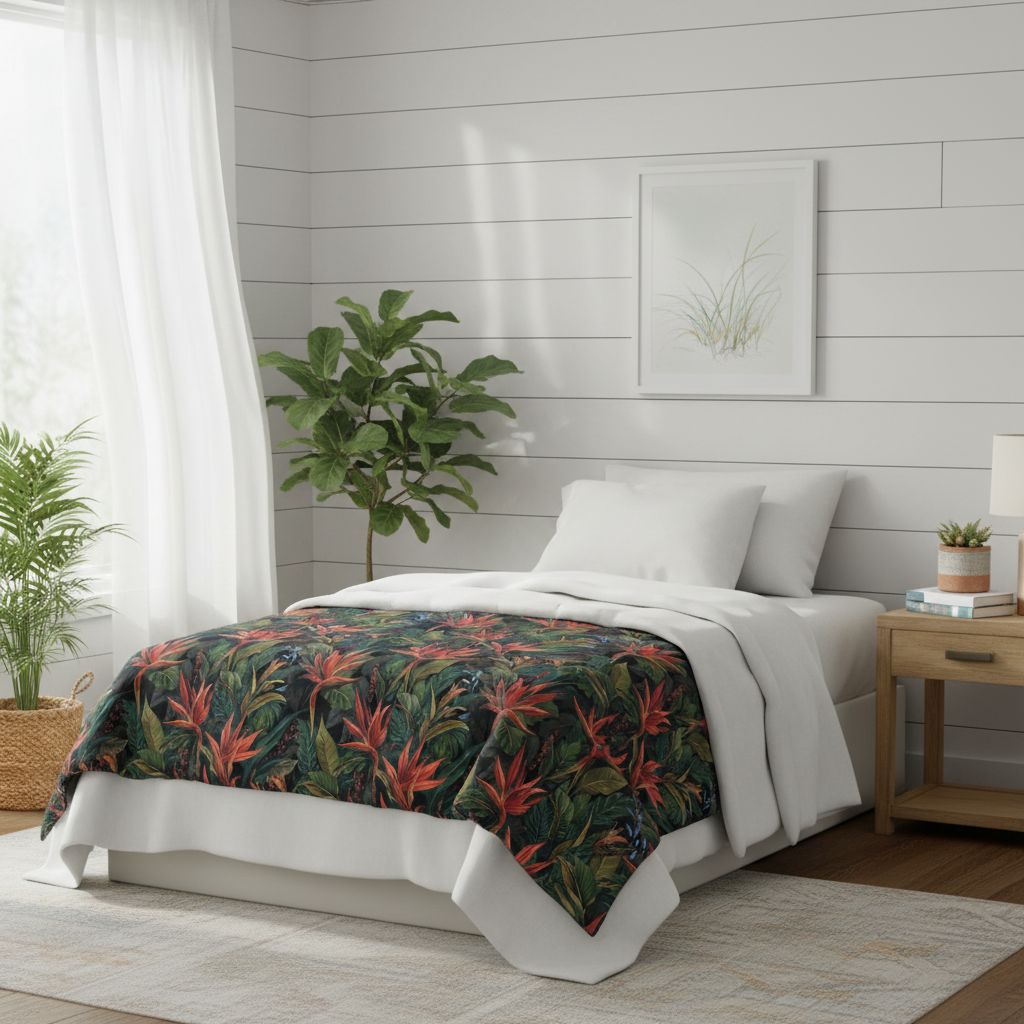 Coastal bedroom with tropical comforter featuring coral red flowers and green palm leaves, twin bed with white linens, white shiplap walls, plants, natural light