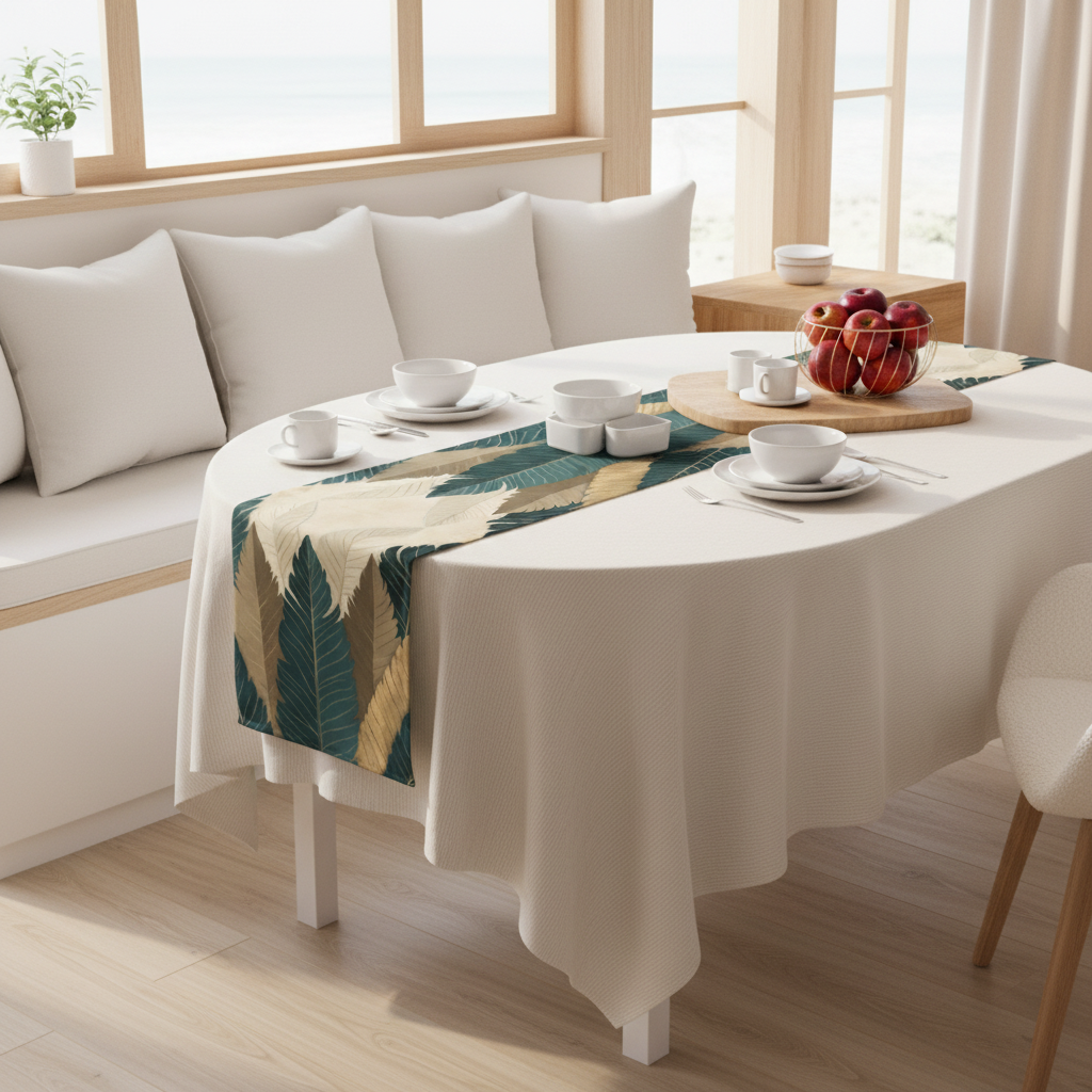 Coastal breakfast nook with complete botanical table runner on round table