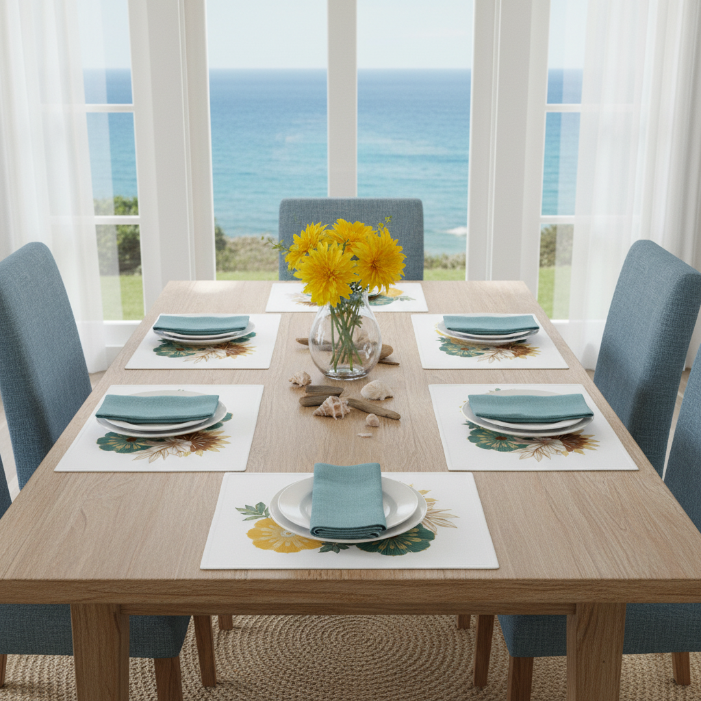 Coastal dining table with floral placemats