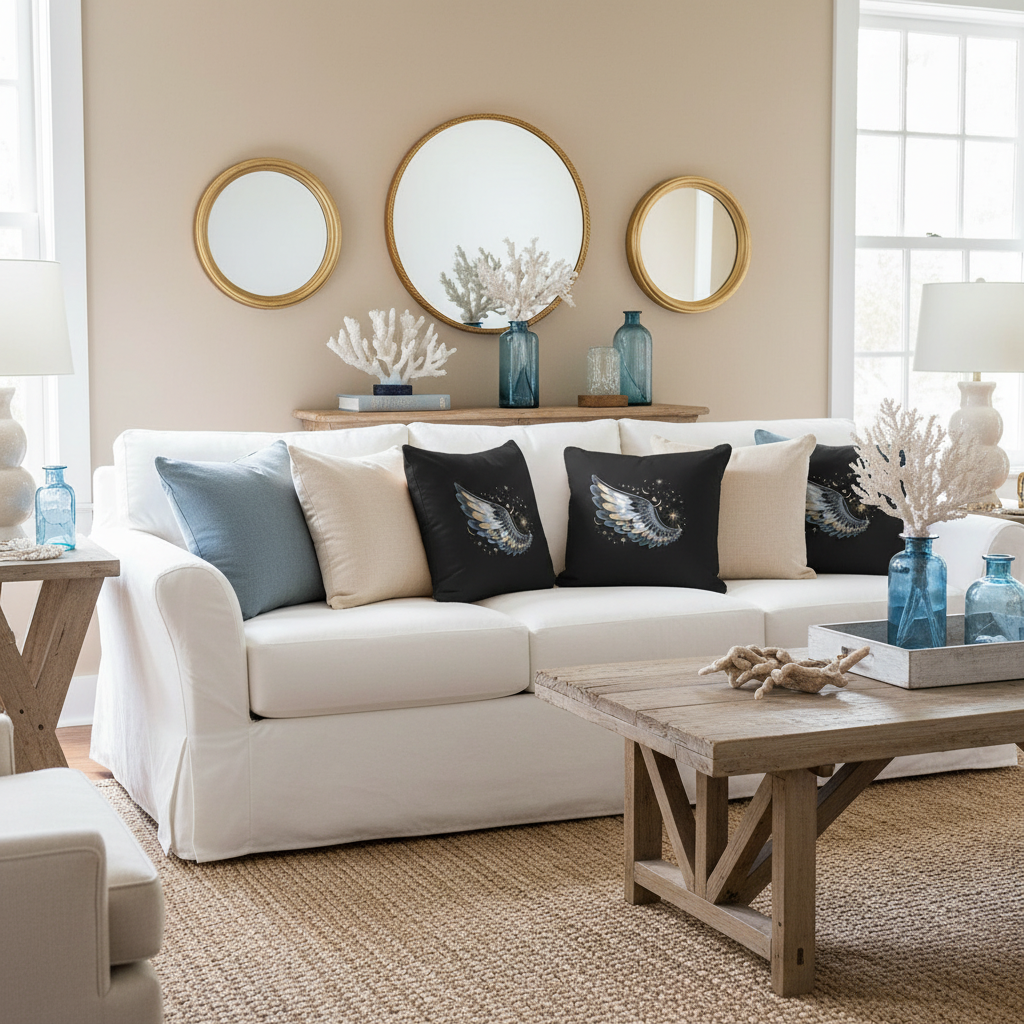 Coastal living room with black wing pillows and blue gold decor
