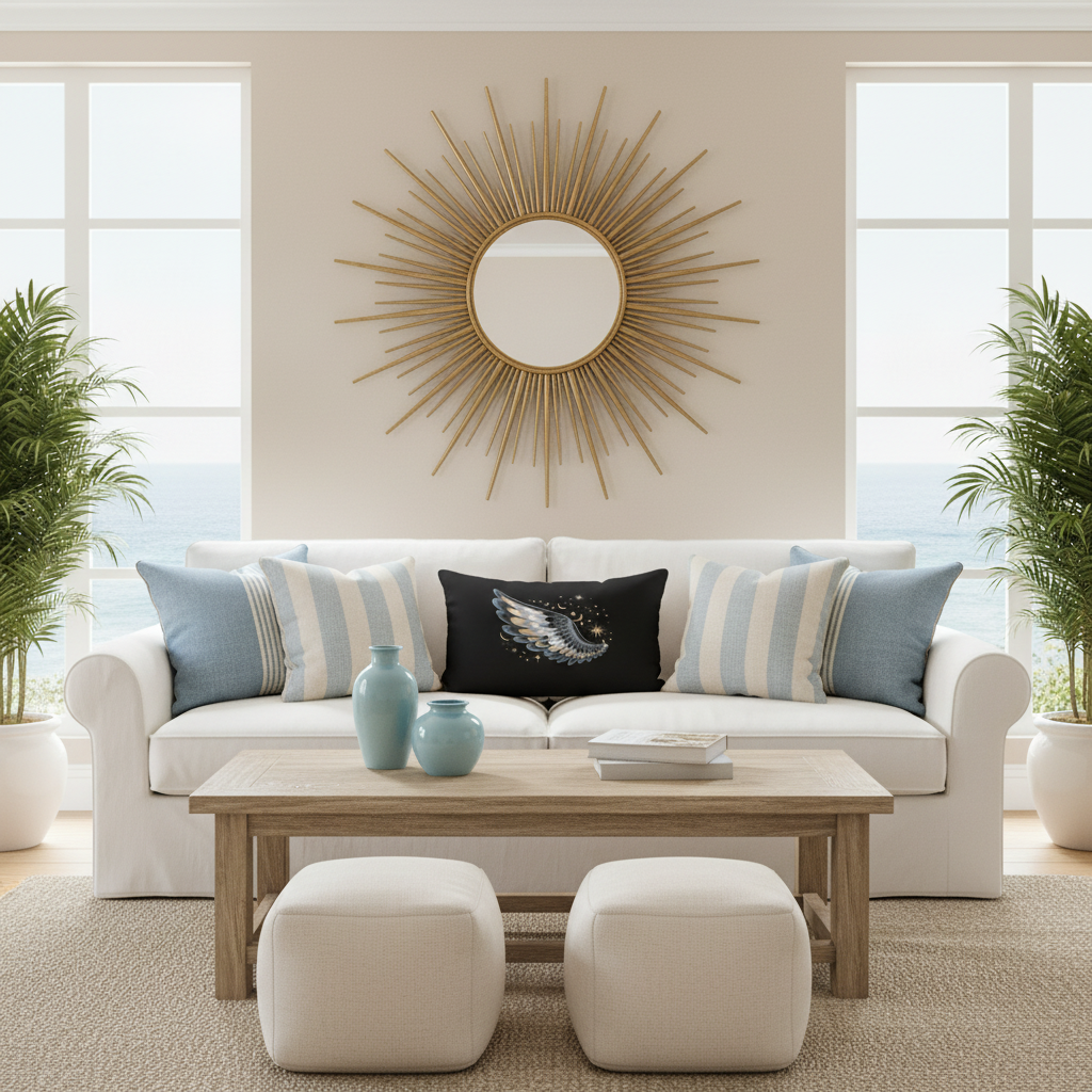 Coastal living room with lumbar wing pillow square