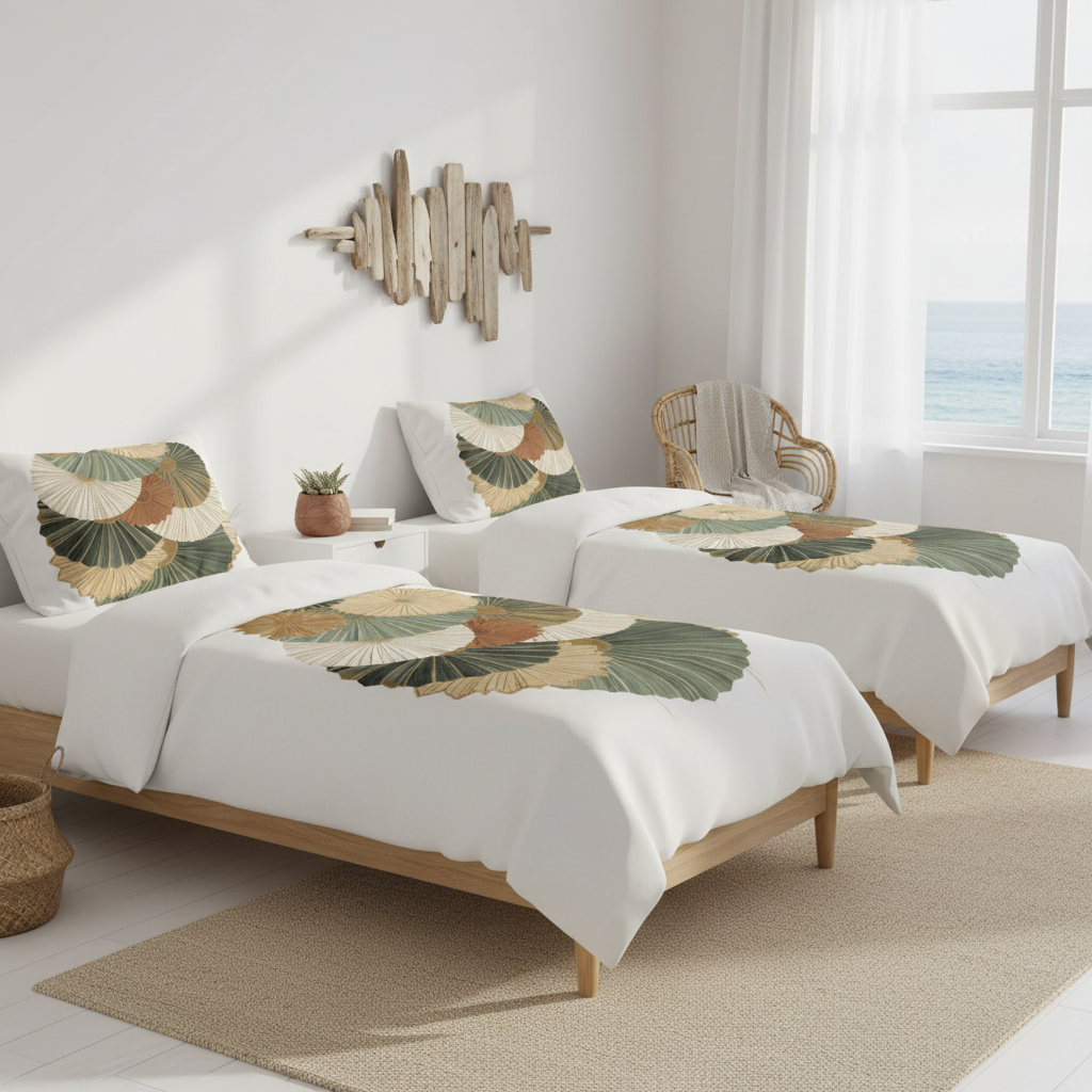 Coastal twin bedroom with botanical bedding
