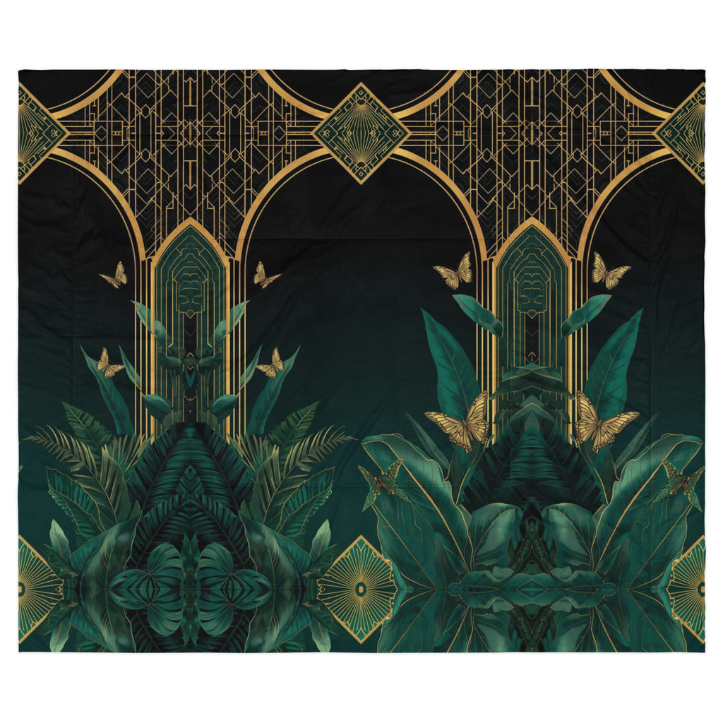  Luxurious Emerald Plants comforter with tropical leaves and gold arches. Stunning emerald green bedding for elegant jungle-inspired bedroom.