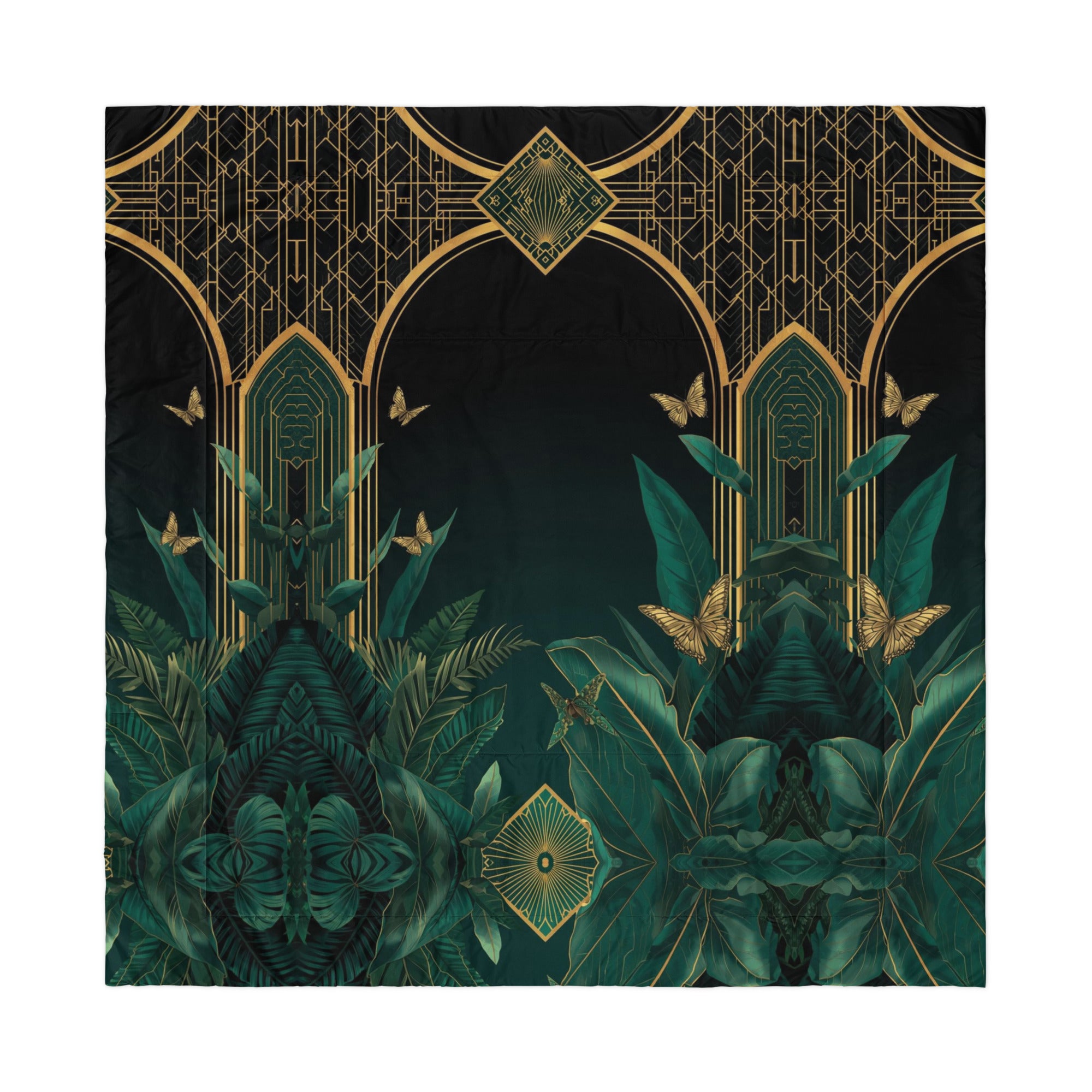  Luxurious Emerald Plants comforter with tropical leaves and gold arches. Stunning emerald green bedding for elegant jungle-inspired bedroom.