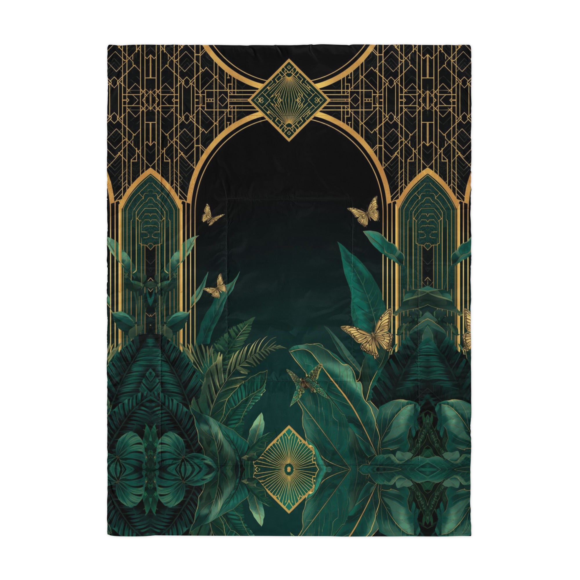  Luxurious Emerald Plants comforter with tropical leaves and gold arches. Stunning emerald green bedding for elegant jungle-inspired bedroom.