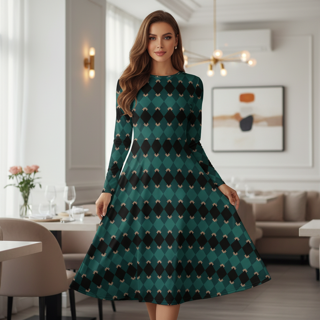 Confident long-haired woman wearing elegant emerald green mosaic long sleeve midi dress with diamond pattern and coral pink accents in luxurious modern restaurant, sophisticated lighting, natural light, positive radiant energy