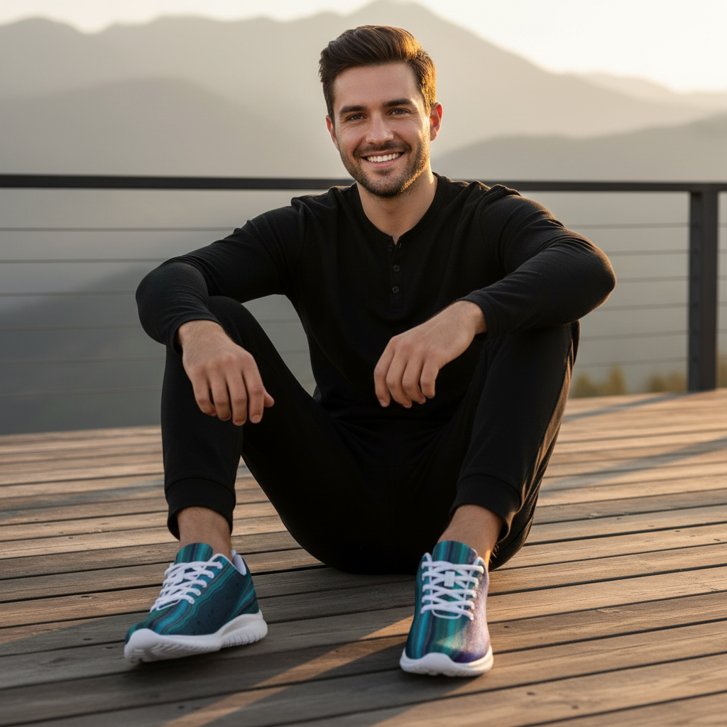 Confident man crystal shoes white soles mountain deck