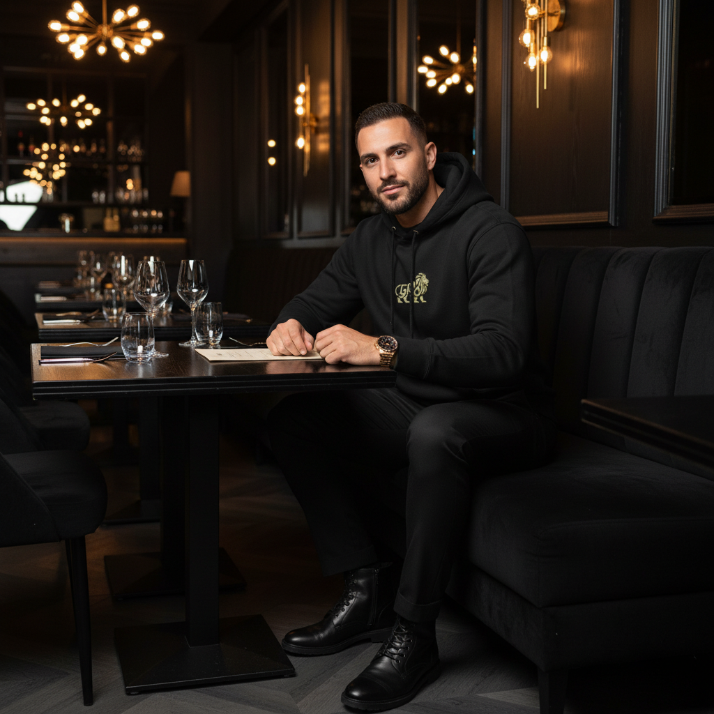 Confident man in black gold lion hoodie with black chinos in elegant restaurant
