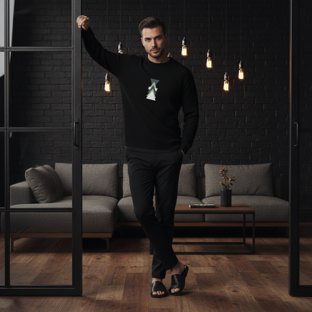 Confident man in black monochrome outfit with triangle tee in warm industrial loft interior