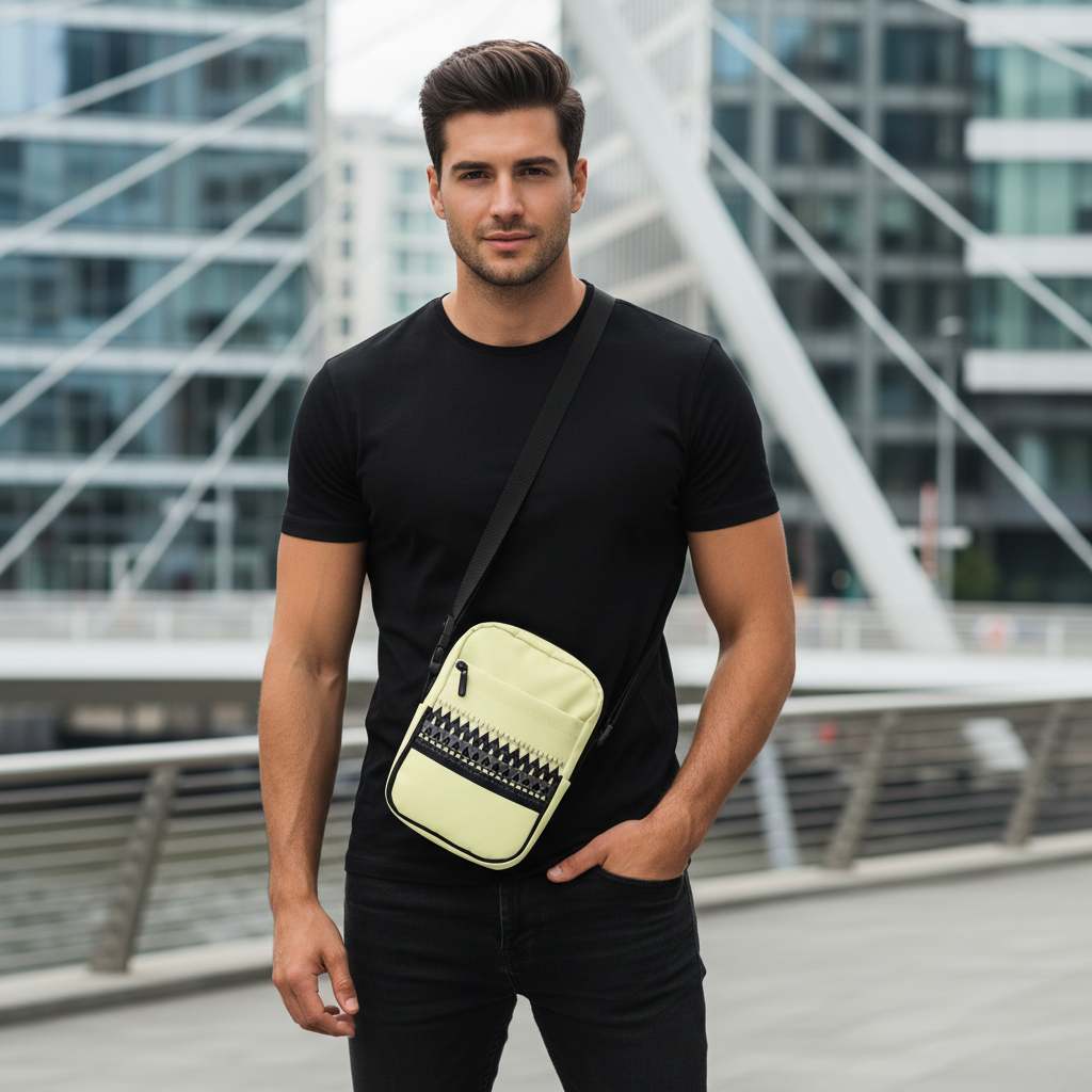 Confident man in black outfit with yellow black crossbody bag in urban setting