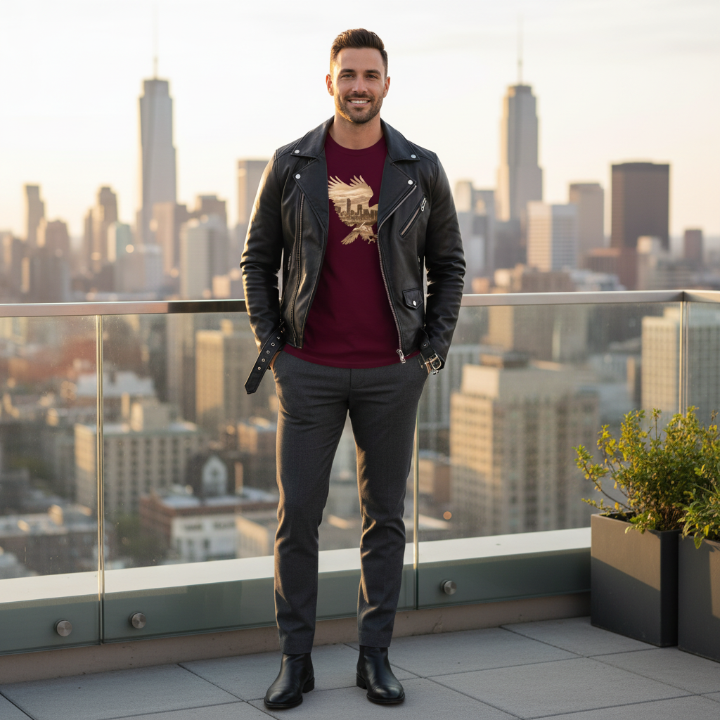 Confident man in maroon eagle t-shirt with grey pants and leather jacket