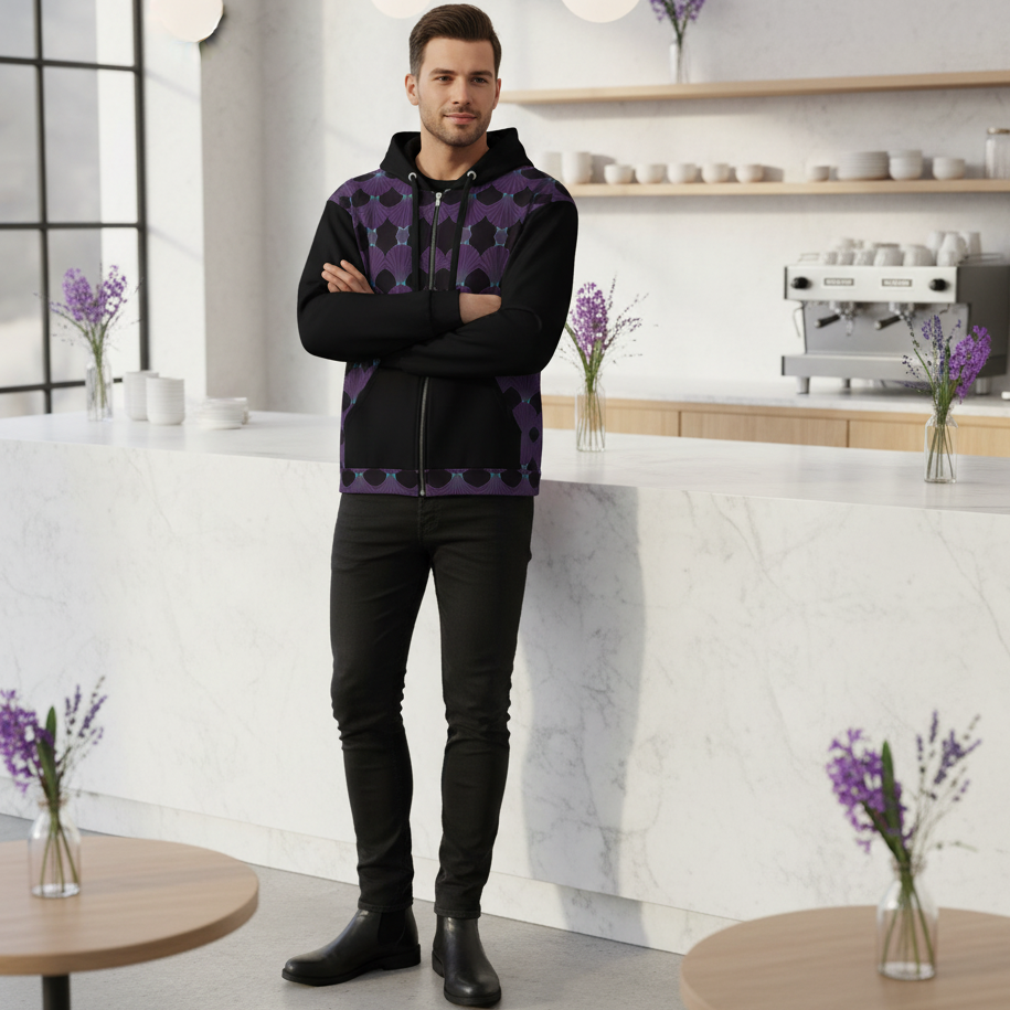 Confident man in purple art deco hoodie at Scandinavian cafe