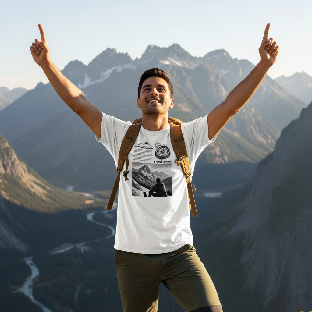 Confident man in white mountain t-shirt at mountain viewpoint with arms raised
