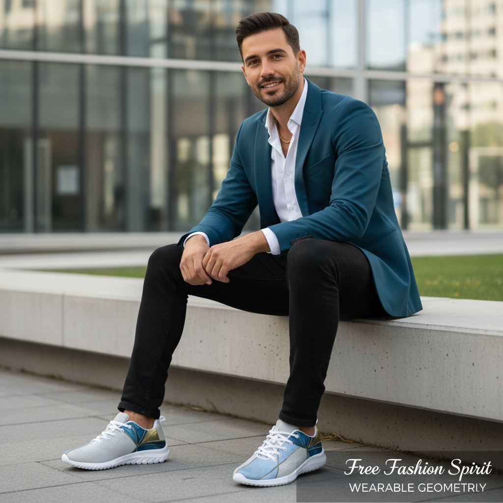 Confident man sitting with white shirt and teal blazer with geometric teal gold blue shoes prominent