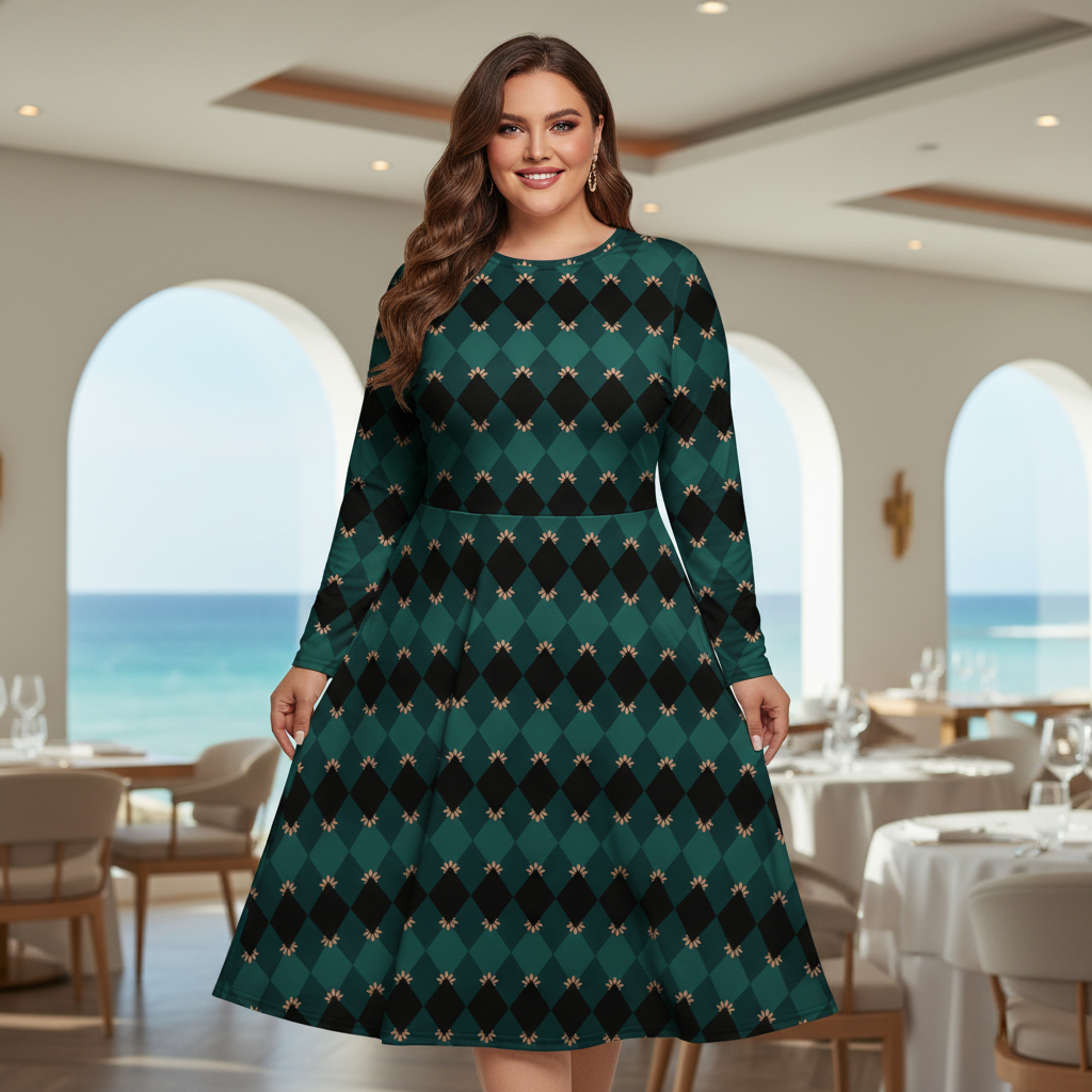 Confident plus-size curvy woman with long hair wearing elegant emerald green mosaic long sleeve midi dress in luxurious coastal restaurant, white walls, sophisticated lighting, the dress flowing beautifully on her curves, positive radiant energy, self-assured powerful presence