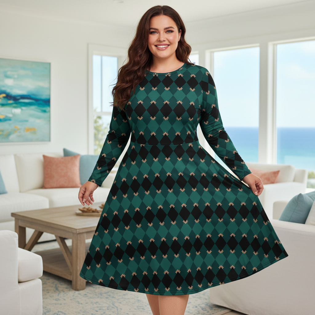Confident plus-size curvy woman with long hair wearing emerald green mosaic midi dress with long sleeves in beautiful coastal living room with white walls, elegant furniture, natural light, the dress flowing elegantly on her beautiful curves, joyful positive energy, self-assured powerful presence