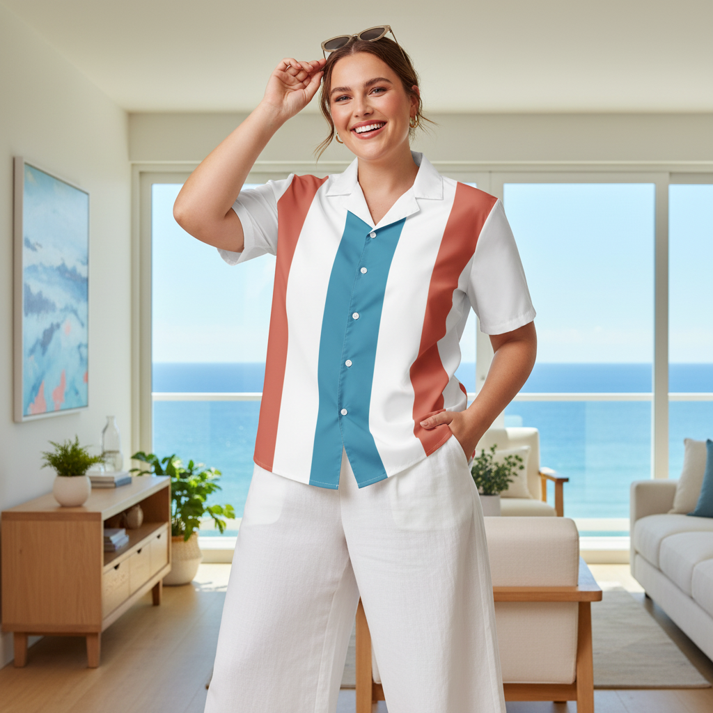 Confident plus-size woman wearing striped shirt with white wide-leg pants in coastal living room