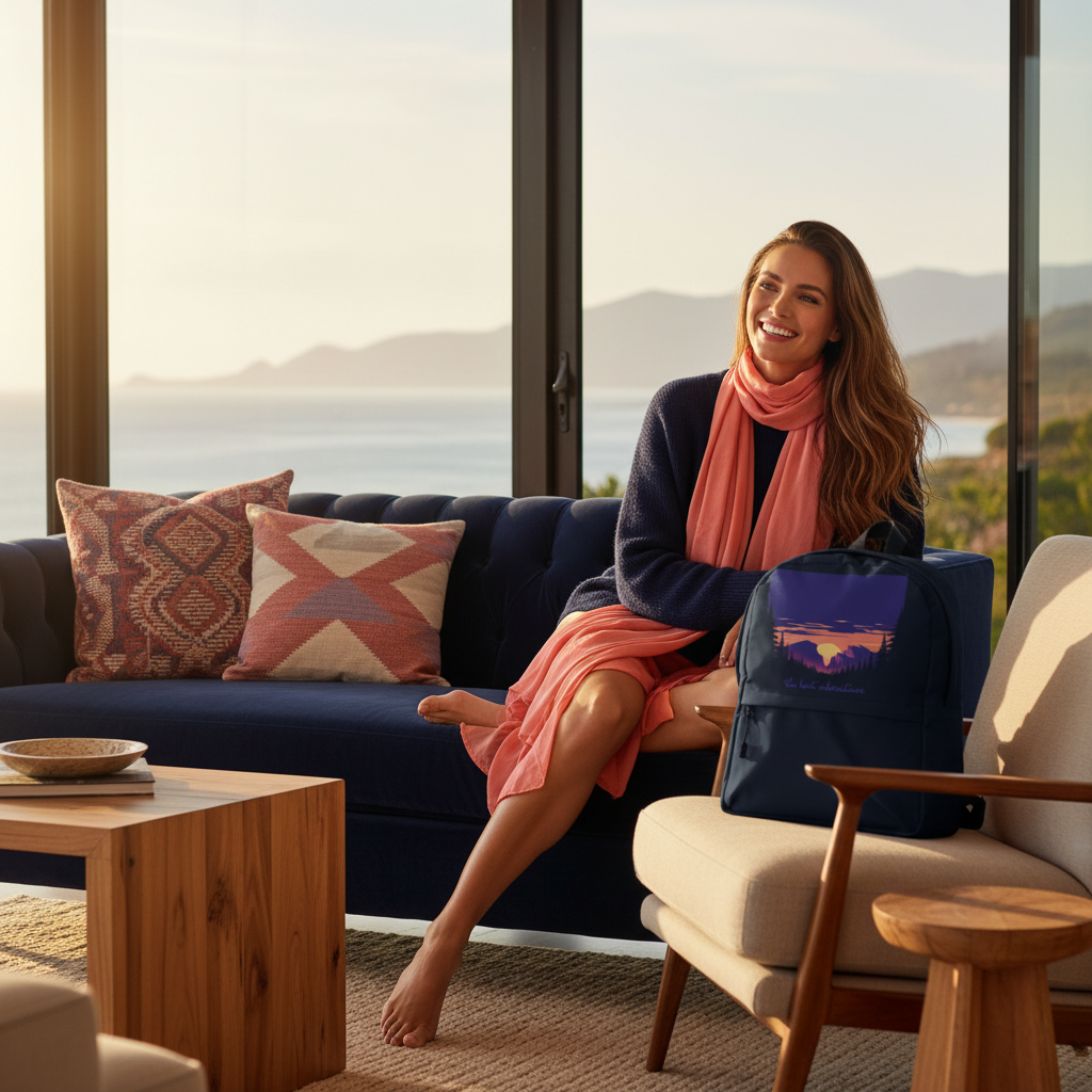 Confident woman in cozy coastal luxury living room
