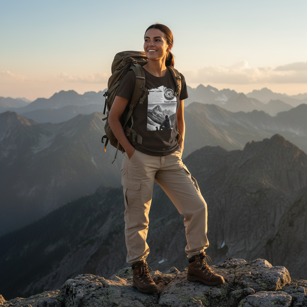 Confident woman in dark chocolate brown mountain t-shirt on mountain summit