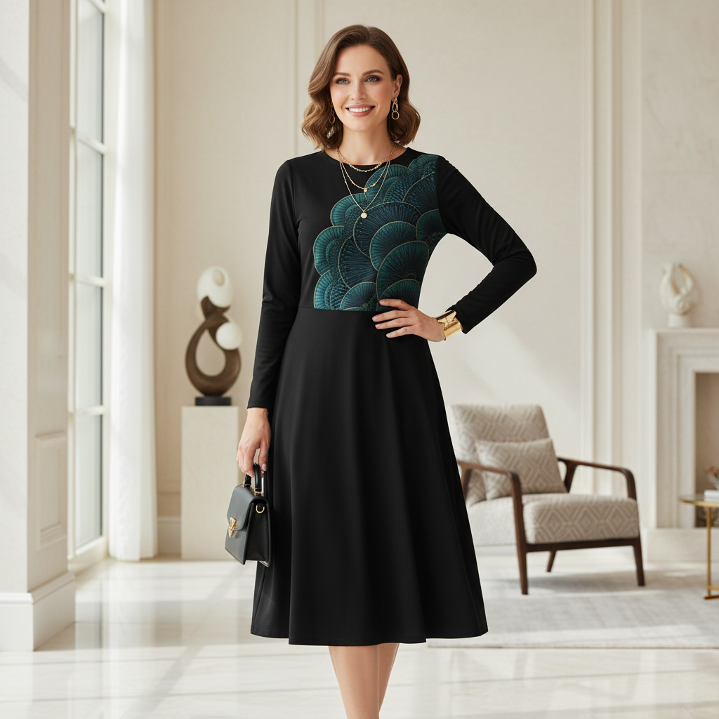 Confident woman in elegant black midi dress with teal geometric scalloped design styled with sophisticated accessories in luxurious interior