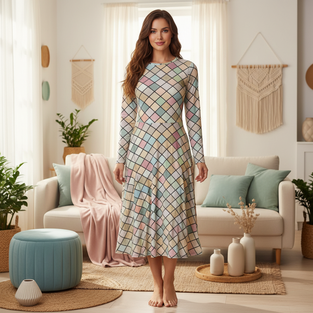 Confident woman in geometric pattern dress in cozy warm interior