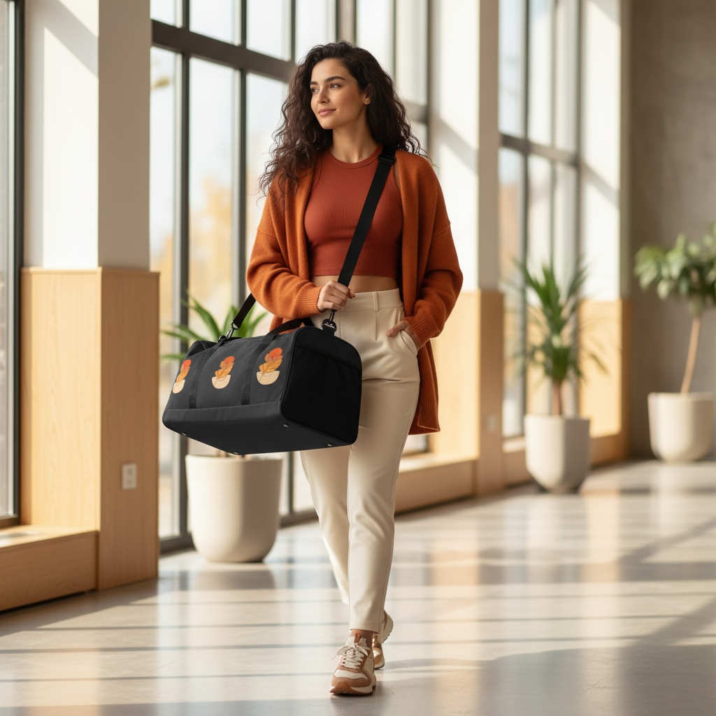 Confident woman in rust orange athleisure with autumn leaf pattern duffle bag prominently displayed