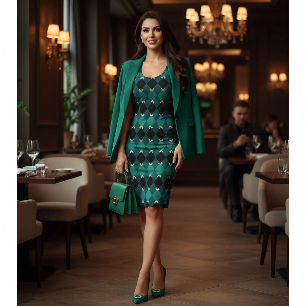 Confident woman wearing emerald green mosaic bodycon dress styled with emerald green blazer, emerald green handbag and elegant heels in chic upscale restaurant, sophisticated ambiance, warm lighting, complete outfit beautifully coordinated in emerald tones, joyful positive energy