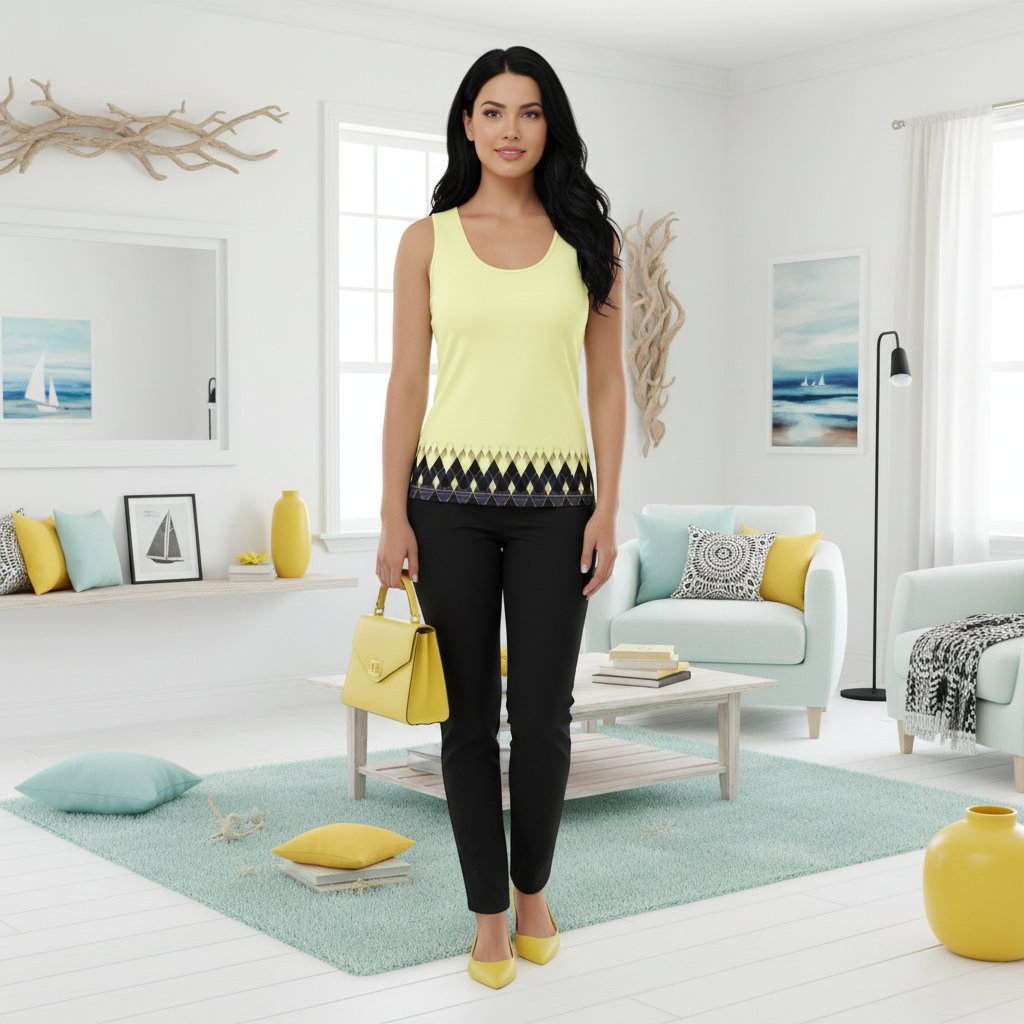 Confident woman with black hair in yellow black geometric tank top in coastal interior