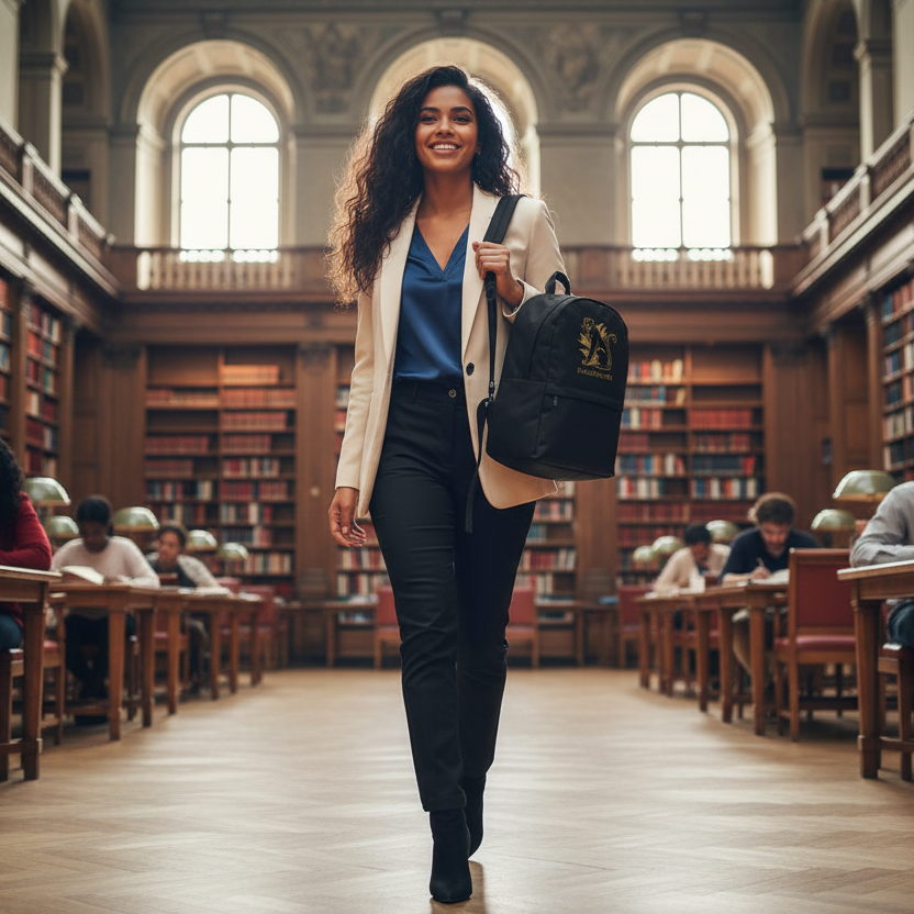 Confident woman with long hair at library with black Black Panther backpack