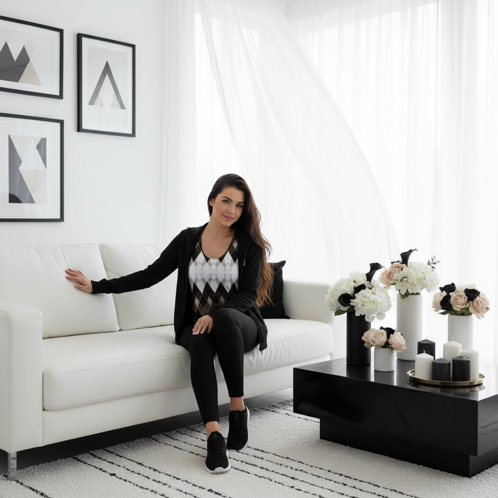 Confident young woman in geometric tank top with black athletic jacket in black white interior