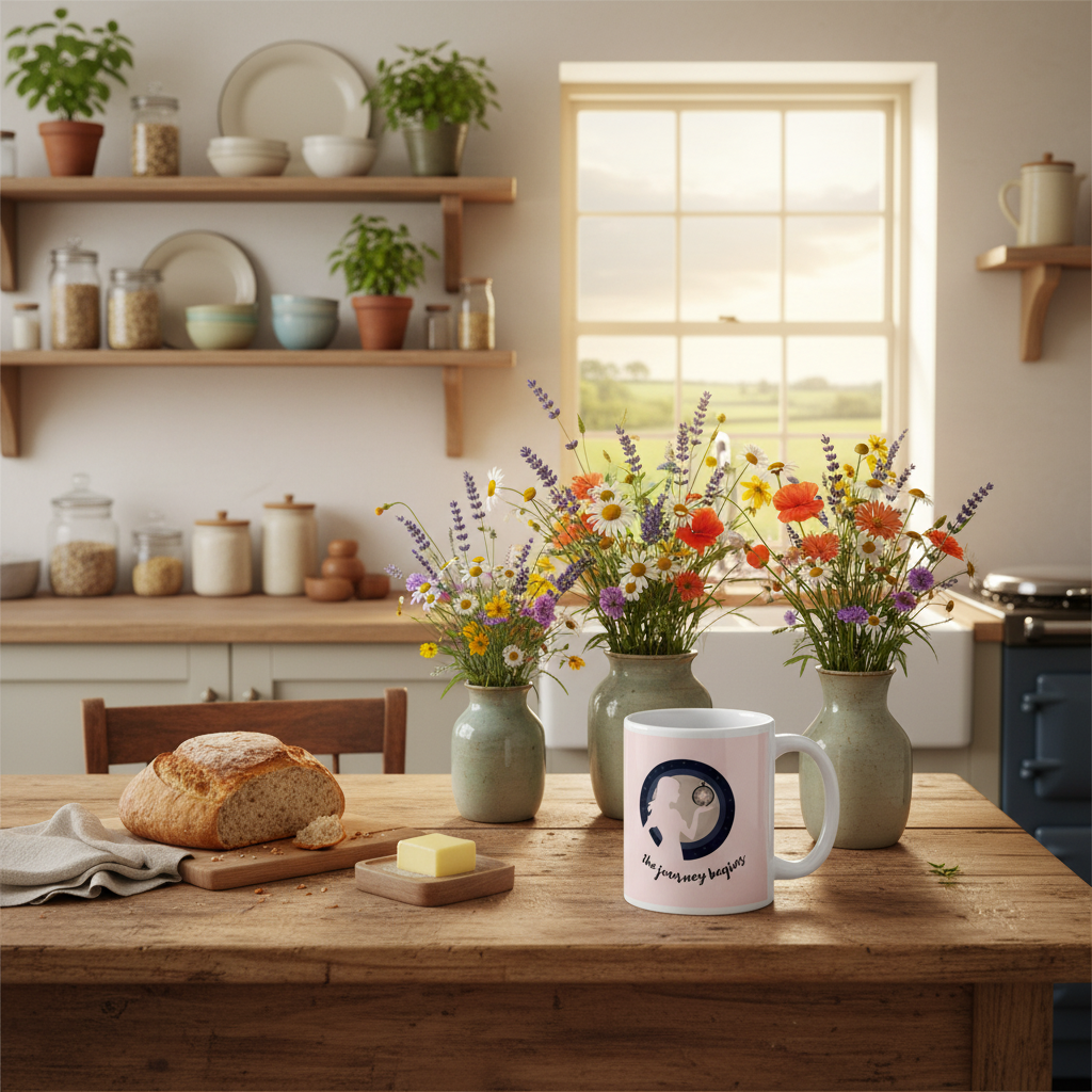 Country kitchen natural wood shelves rustic table wildflowers herbs journey begins mug fresh bread countryside