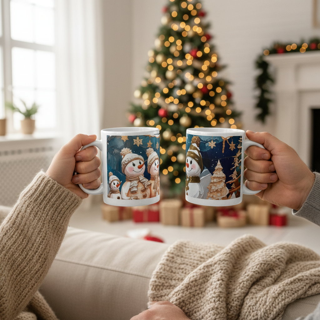 Couple Holding Snowman Christmas Mugs - Close-up with Festive Decor