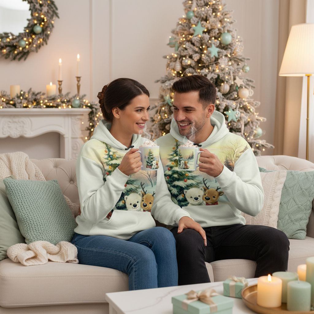 Couple with Mugs and Hoodies - Christmas Togetherness