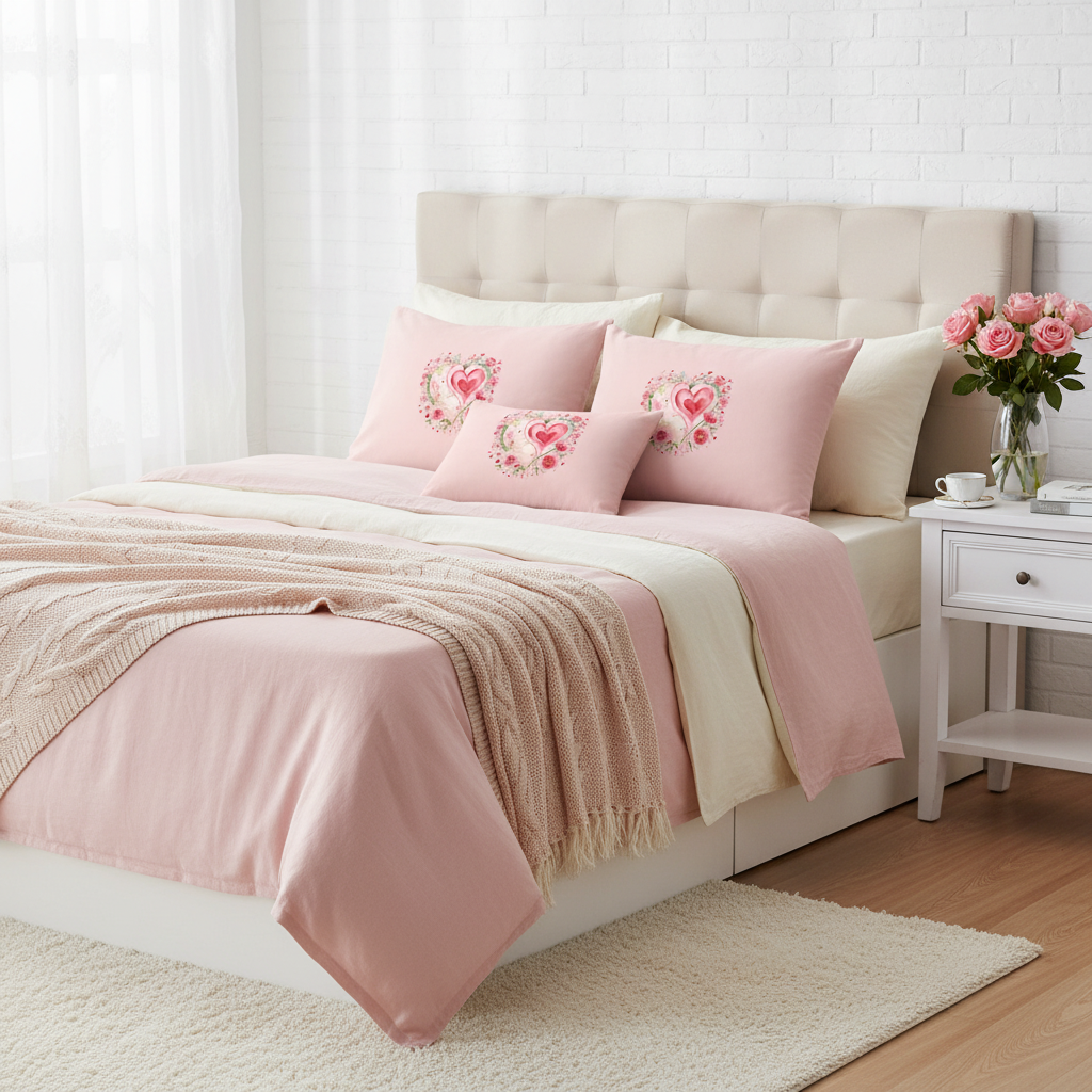Cozy bedroom with white walls featuring pink heart floral pillows, soft bedding in pink and cream tones, fresh roses on nightstand