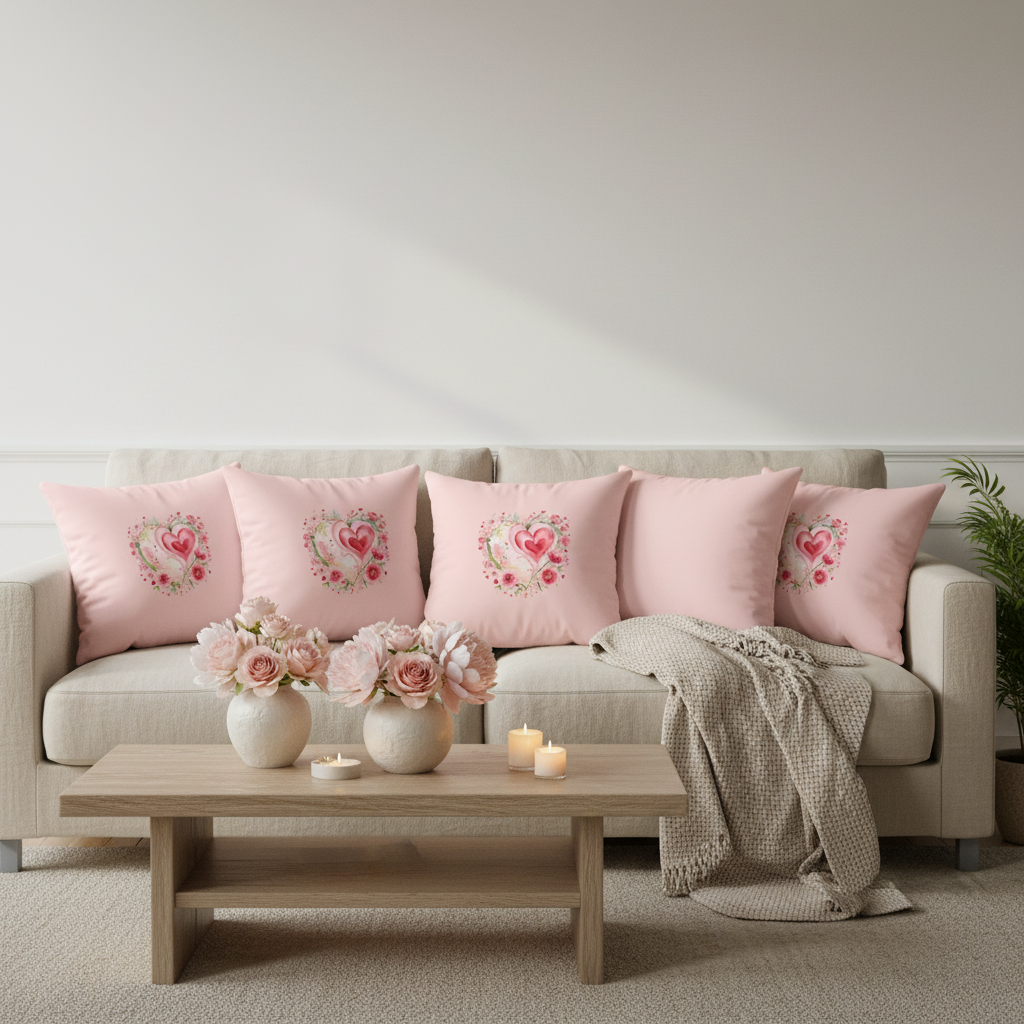 Cozy beige linen sofa with pink heart floral pillows showing both printed and solid sides, neutral decor with pink flower accents