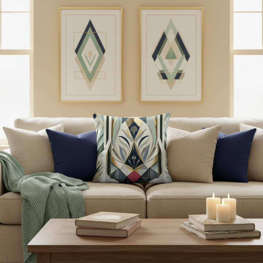 Cozy beige living room with pillow close-up