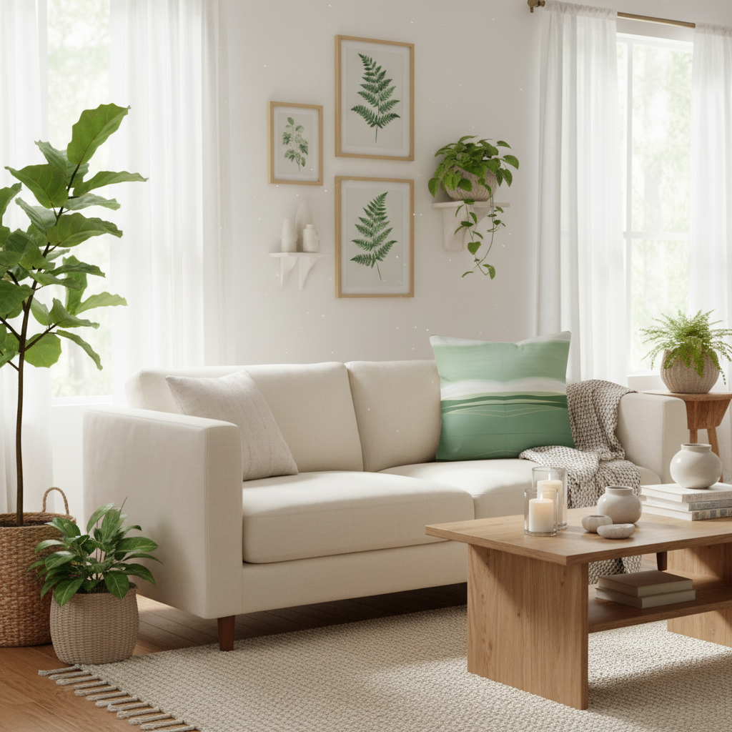 Cozy botanical hygge living room with green gradient pillow