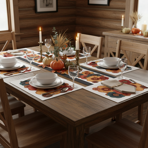 Cozy cabin dining with dark wood table