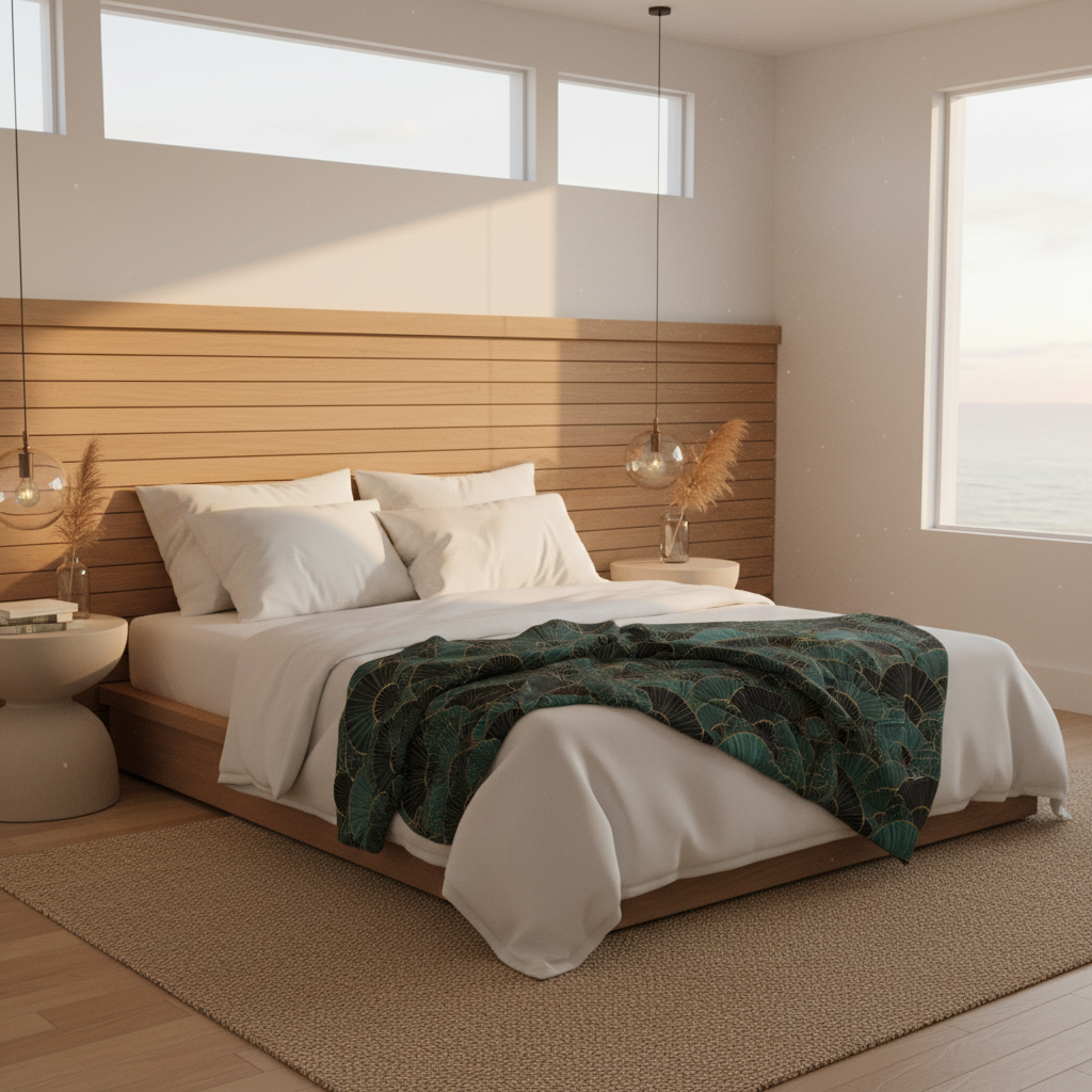 Cozy coastal bedroom with Art Deco bedding