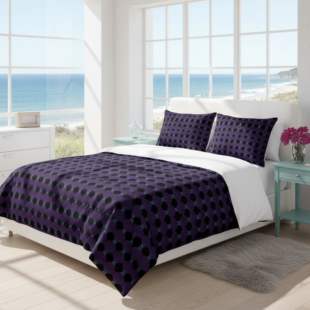 Cozy coastal bedroom with geometric bedding